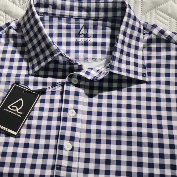 DEOLAX SHIRT MENS SHORT SLEEVE GOLF 1/4 BUTTON XL BLUE WHITE CHECKERED EASY CARE - Picture 1 of 16